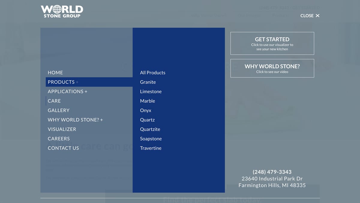 World Stone Group fullscreen menu
